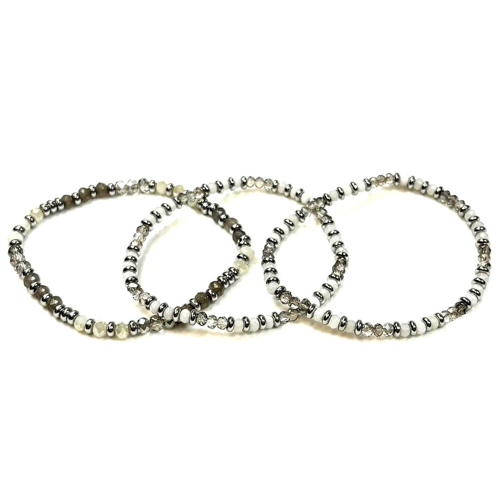 Stretch Bracelet Set 3pc White Clear Gray Bead Silver Tone Spacer 6.5" Stack
